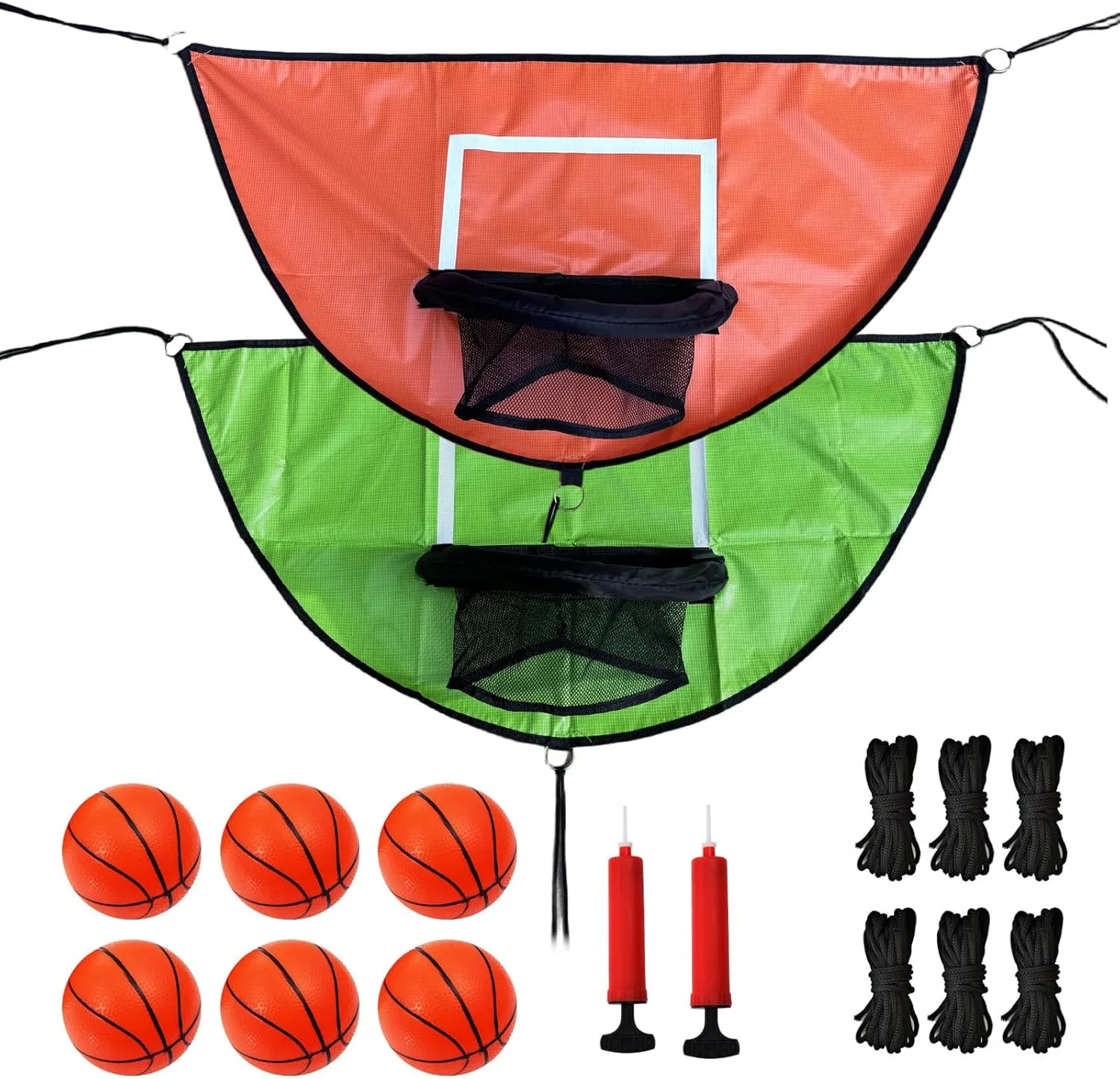 2PCS Trampoline Basketball Hoop Attachments, with 6 Mini Basketball and Pump, Easy to Assemble Soft Lightweight- Universal Outdoor Trampoline Game Attachments