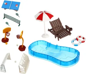 2Set Dollhouse Swimming Pool and Beach Accessories Kit Includes Beach Chairs Umbrella Basketball Hoop and Decorations for Creative Play and DIY Micro Landscapes