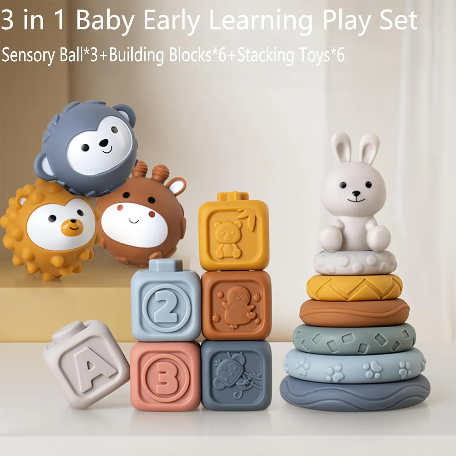 3 in 1 Baby Toys Bundle,Soft Stacking Building Blocks,Teething Ring & Sensory Balls for Newborn to 18 Months| Soft Textured Design,Perfect for Sensory Development, Motor Skills (Family Edition)