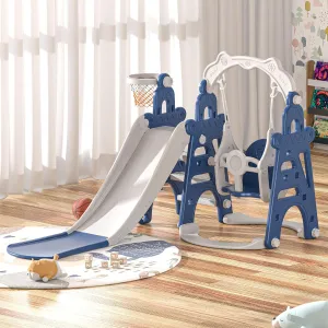 3-in-1 Kids Slide for Toddlers Age 1-3 Slide and Swing Set,Indoor Playground for Children,Freestanding Outdoor Slides with Basketball Hoop,Outside Climber Playhouses,Baby Climbing Toys Blue