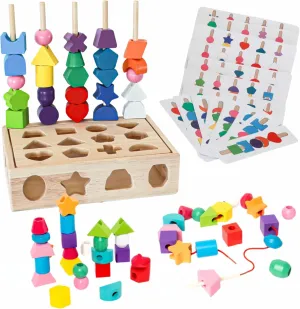 3 in 1 Montessori Wooden Beads Sequencing Toy Set & Lacing Beads, Matching Shape Stacker, & Stacking Blocks with Box for 3 4 5 6 Year Old Toddler, STEM Preschool Learning Gift for Kids Boy/Girl