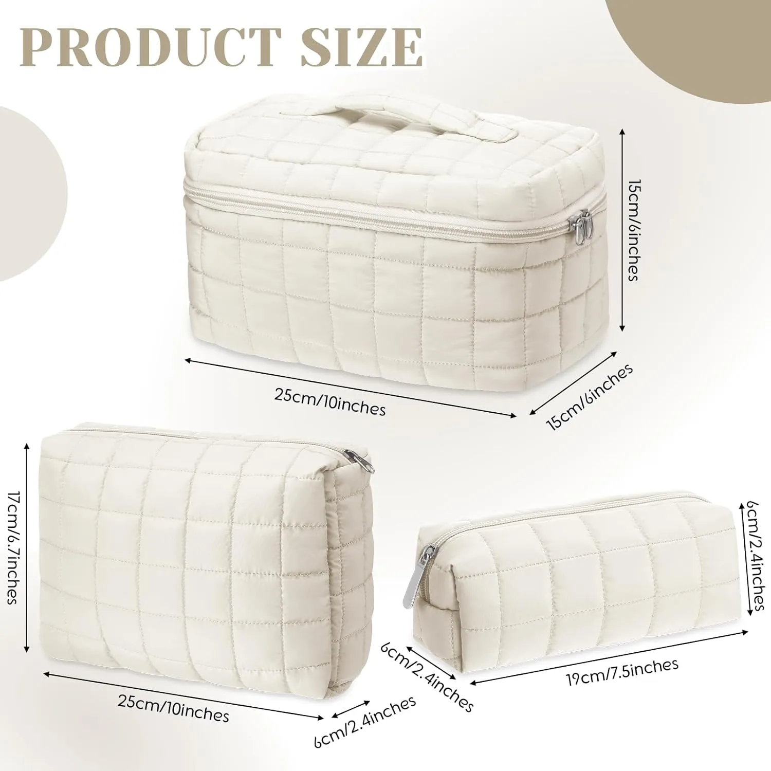 3 Pcs Large Puffy Makeup Bag Set Quilted Cosmetic Pouch for Women Cute Checkered Travel Toiletry Bag Puffer Makeup Organizer Purse Pouch Preppy Pencil Case with Zipper(White)