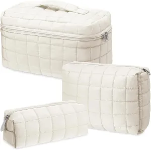 3 Pcs Large Puffy Makeup Bag Set Quilted Cosmetic Pouch for Women Cute Checkered Travel Toiletry Bag Puffer Makeup Organizer Purse Pouch Preppy Pencil Case with Zipper(White)