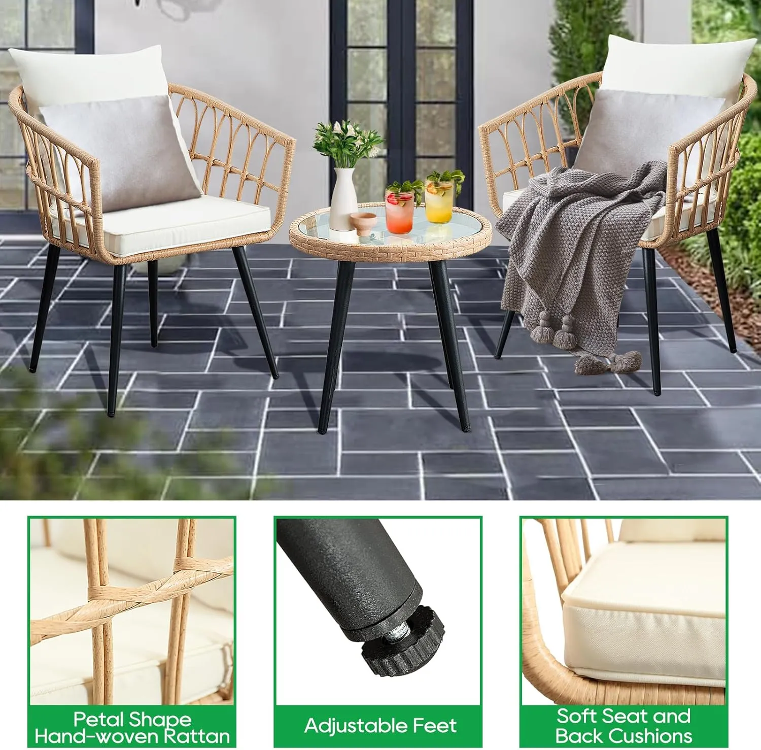 3 Piece Patio Bistro Set, Outdoor Wicker Apartment Balcony Furniture Sets, Rattan Table and Chairs Set of 2 for Porch Backyard Lawn Poolside Deck, Beige
