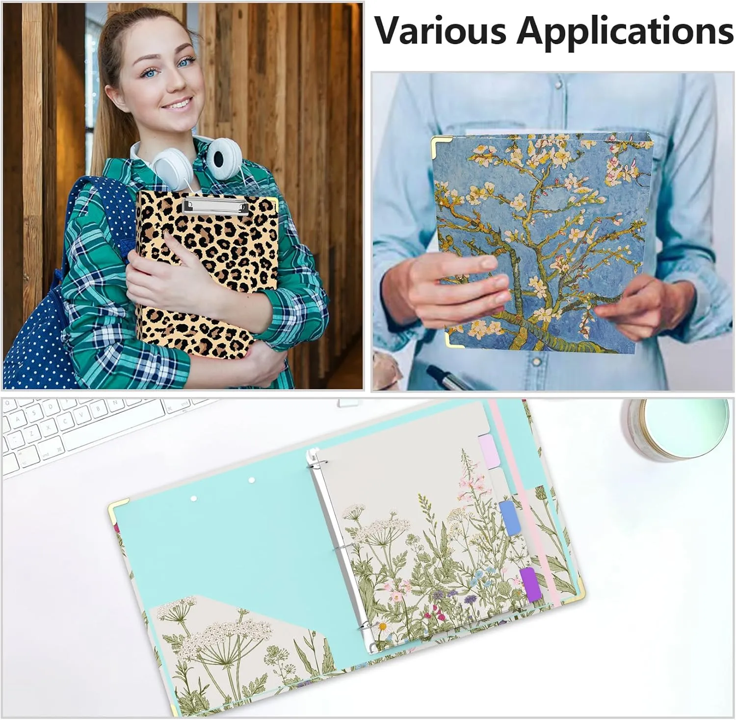 3 Ring Binder 1 Inch Round Ring Binder with 6 Tab Dividers，2 Interior Pockets，Cute Binder Clipboard with Storage, for School Office, Portfolio(Cheetah Spots)