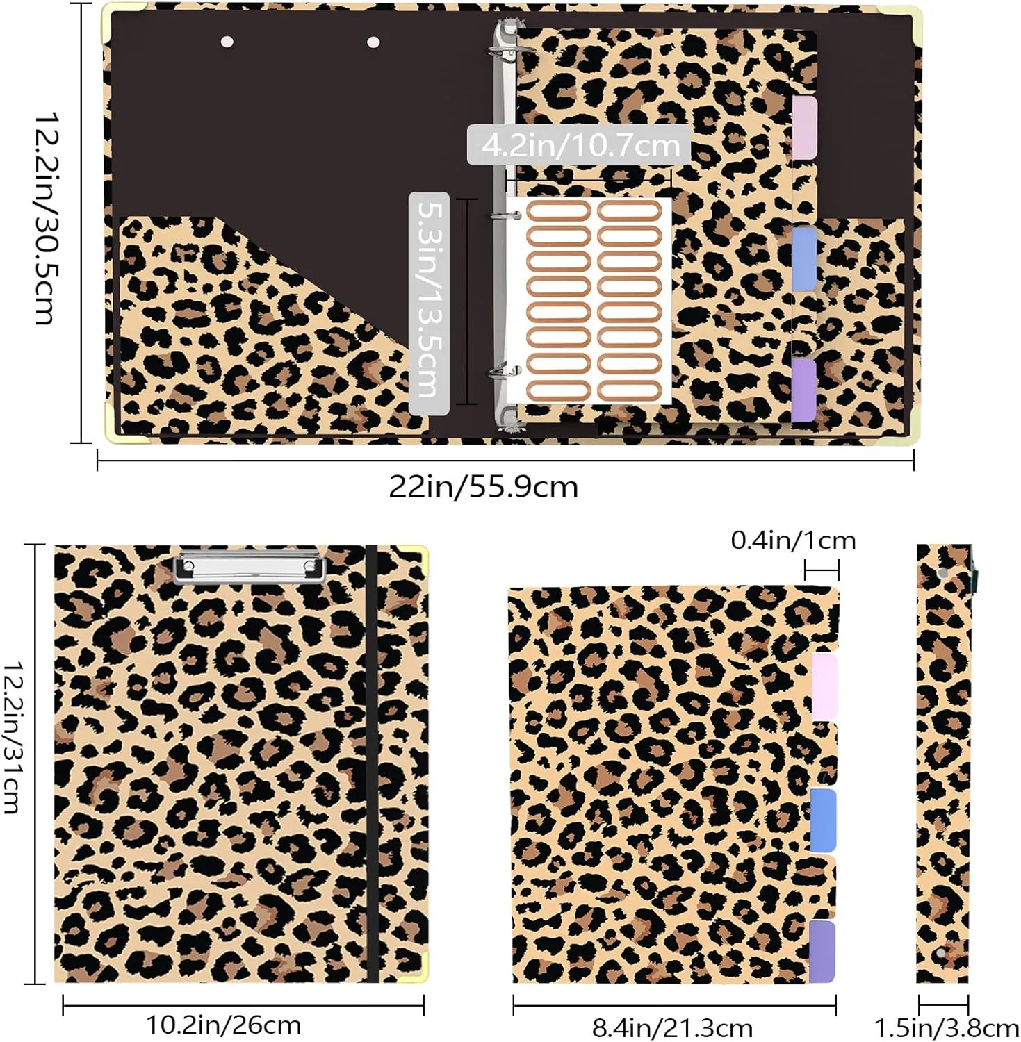 3 Ring Binder 1 Inch Round Ring Binder with 6 Tab Dividers，2 Interior Pockets，Cute Binder Clipboard with Storage, for School Office, Portfolio(Cheetah Spots)
