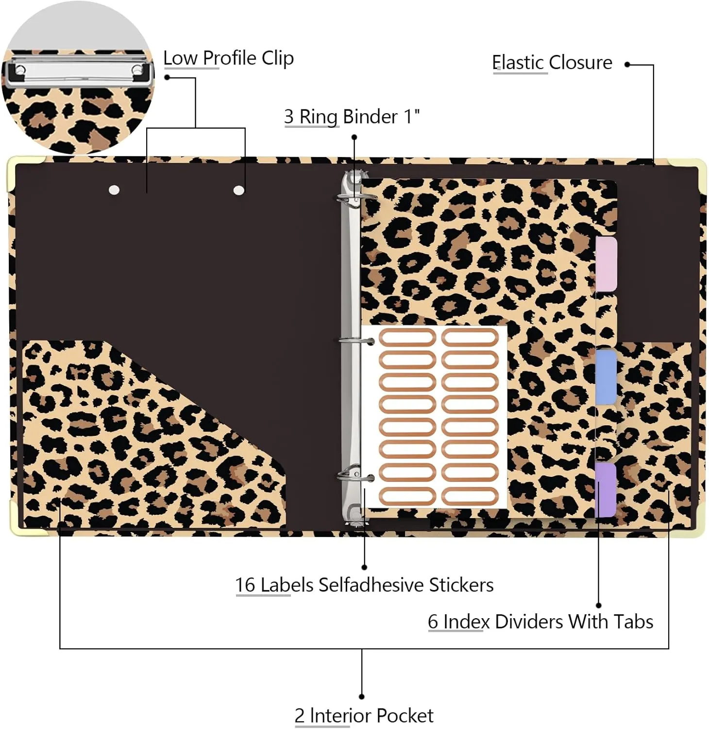 3 Ring Binder 1 Inch Round Ring Binder with 6 Tab Dividers，2 Interior Pockets，Cute Binder Clipboard with Storage, for School Office, Portfolio(Cheetah Spots)