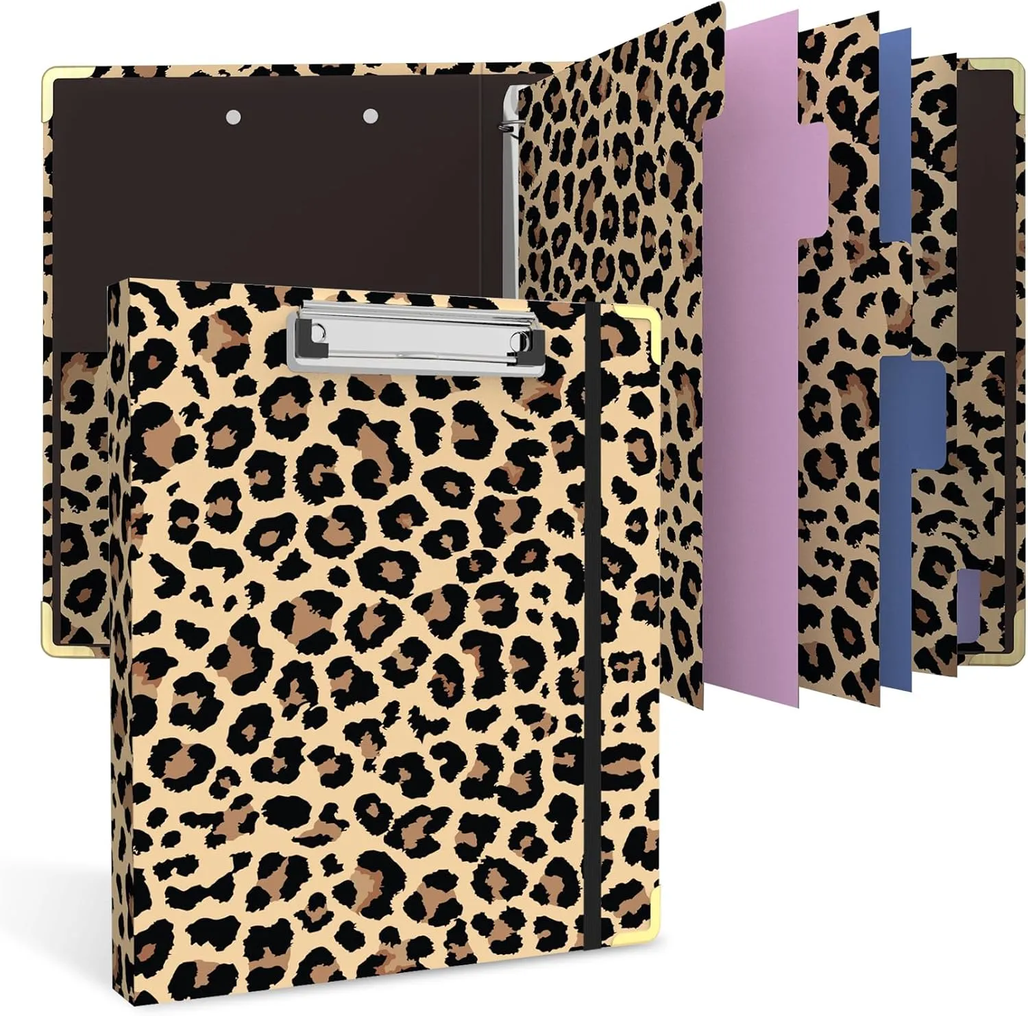 3 Ring Binder 1 Inch Round Ring Binder with 6 Tab Dividers，2 Interior Pockets，Cute Binder Clipboard with Storage, for School Office, Portfolio(Cheetah Spots)