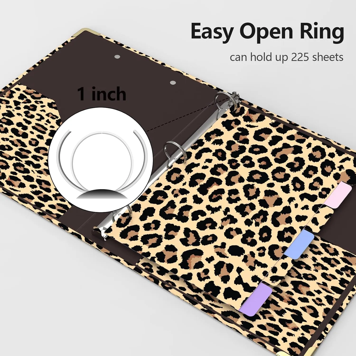 3 Ring Binder 1 Inch Round Ring Binder with 6 Tab Dividers，2 Interior Pockets，Cute Binder Clipboard with Storage, for School Office, Portfolio(Cheetah Spots)