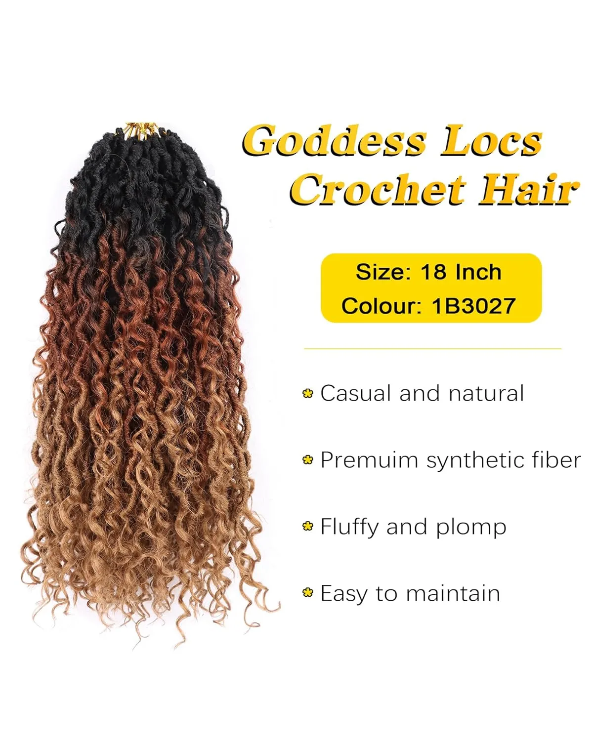 3 Tone Goddess Locs Crochet Hair for Black Women 18 Inch 7 Packs Curly Faux Locs Crochet Hair with Curly Ends River Loc Crotchet Braids (18 Inch,7Packs,1B/30/27）