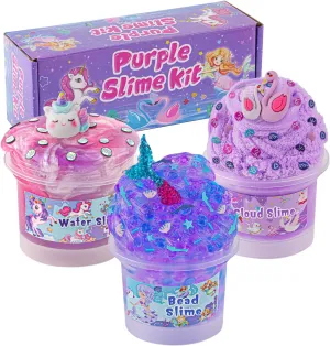 3 x 100mL Purple Slime Kit for Girls & Boys: Includes Cloud, Water & Mermaid Crunchy Slime, Sensory Experience DIY Slimes Set, Slimes Party Favors for Kids Birthday Easter Halloween Teens Gift