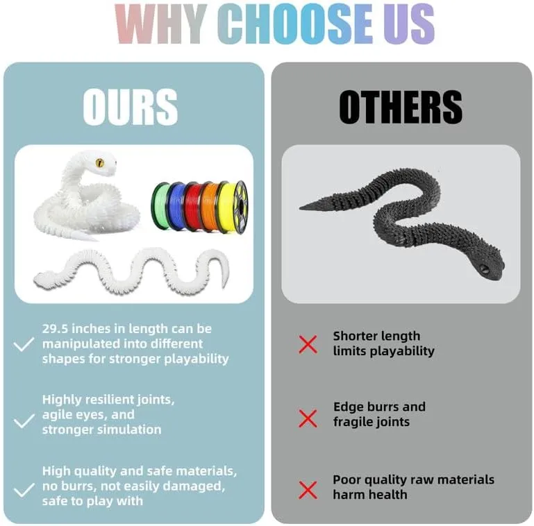 30 Inch 3D Printed Snake - Movable Articulated Snake, Perfect 3D Printed Animals for Educational Toys! Must-Have Toys for Kids and Collectors, Home Office Executive Desk Decor (Noctilucent Rainbow)