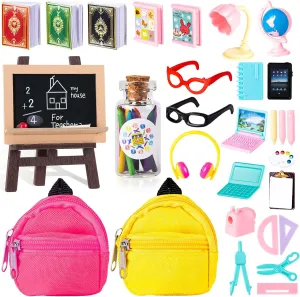 30 Pcs School Supplies Set, Doll Backpack, Laptops, Glasses, Blackboard, Mini Book, Palette, Paper, Ruler, Scissors, Calculator for Dolls