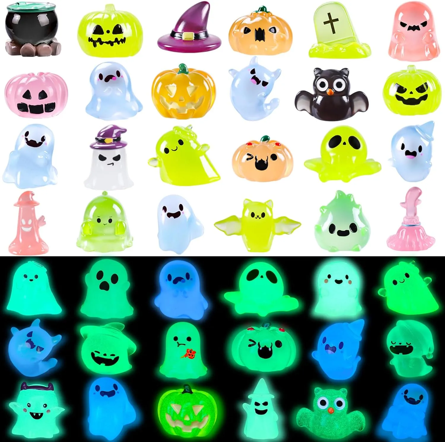 32PCS Halloween Luminous Mini Figures - 32 Styles Glow in The Dark Tiny Resin Miniatures - Pumpkin Skull for Party Favors, Bag Fillers, Garden, Dollhouse Decor