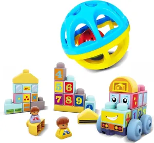 34-Piece Soft Baby Building Blocks Set for Toddlers 6-12 Months | Colorful STEM Stacking Toys, Sensory Rattle Balls, Easy-Grasp Infant Gifts & Toddler Gifts