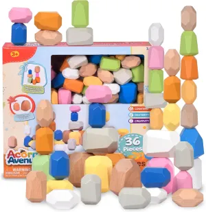 36 PCS Wooden Bright Earth Color Sorting Stacking Rocks Stones,Sensory Toddler Toys Learning Montessori Toys, Building Blocks Game for Kids 3 , Boy and Girl Birthday Gifts for Kids