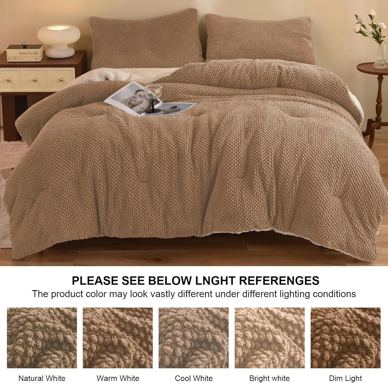 3D Jacquard Design Comforter Set, Ultra-Soft Warm King Size Sherpa Fur Plush 3-Pieces Sets Luxury Cozy Bedding with 2 Pillowcases (104"x90", Beige)