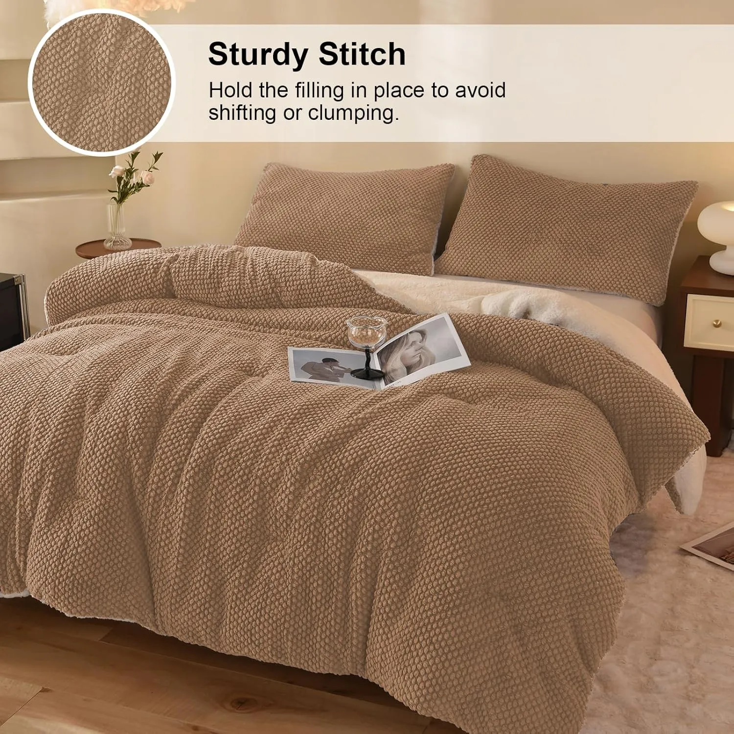 3D Jacquard Design Comforter Set, Ultra-Soft Warm King Size Sherpa Fur Plush 3-Pieces Sets Luxury Cozy Bedding with 2 Pillowcases (104"x90", Beige)