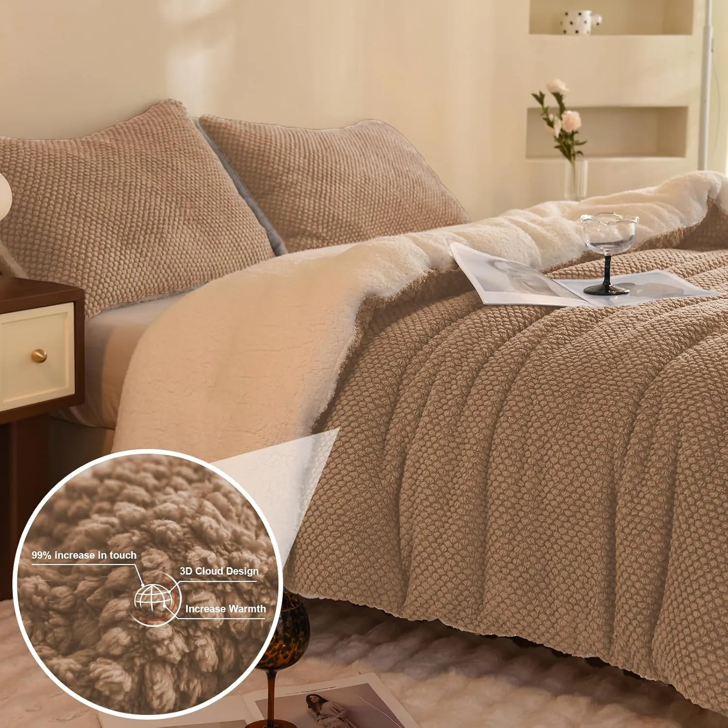 3D Jacquard Design Comforter Set, Ultra-Soft Warm King Size Sherpa Fur Plush 3-Pieces Sets Luxury Cozy Bedding with 2 Pillowcases (104"x90", Beige)