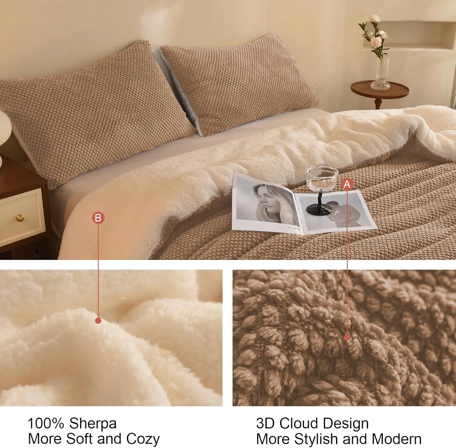3D Jacquard Design Comforter Set, Ultra-Soft Warm King Size Sherpa Fur Plush 3-Pieces Sets Luxury Cozy Bedding with 2 Pillowcases (104"x90", Beige)