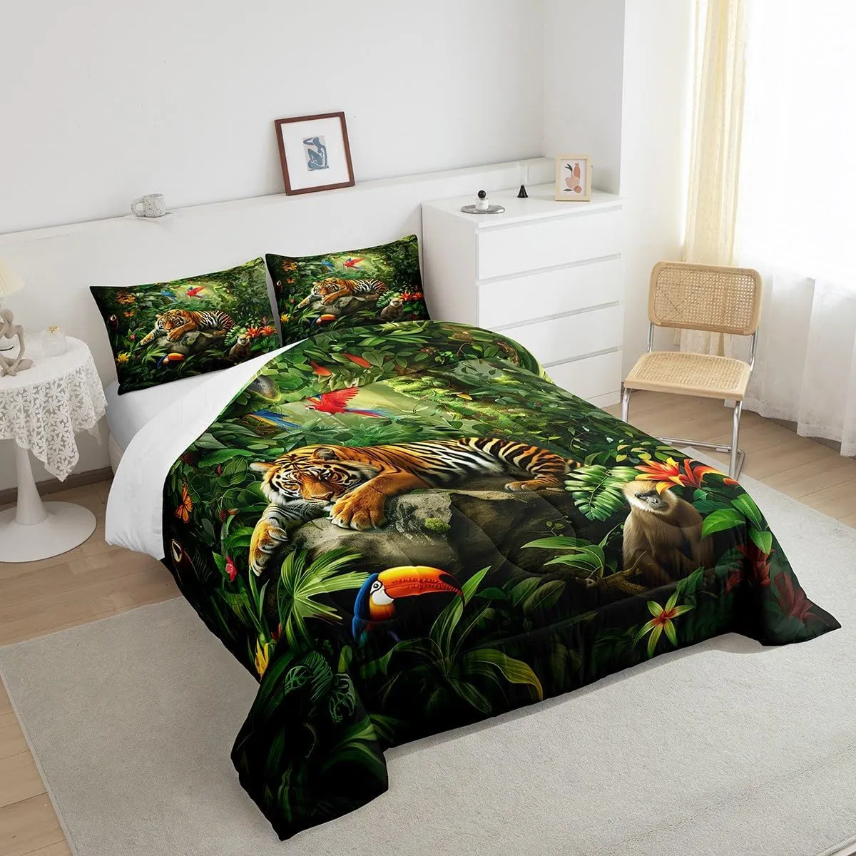 3D Tiger Comforter Set Full Size,Monkey Parrot Wild Animals Bedding Set,Tropical Palm Tree Jungle Quilt Set for Kids Boys Girls Adult Bedroom Decor,Nature Wildlife Theme Duvet Insert,2 Pillowcases