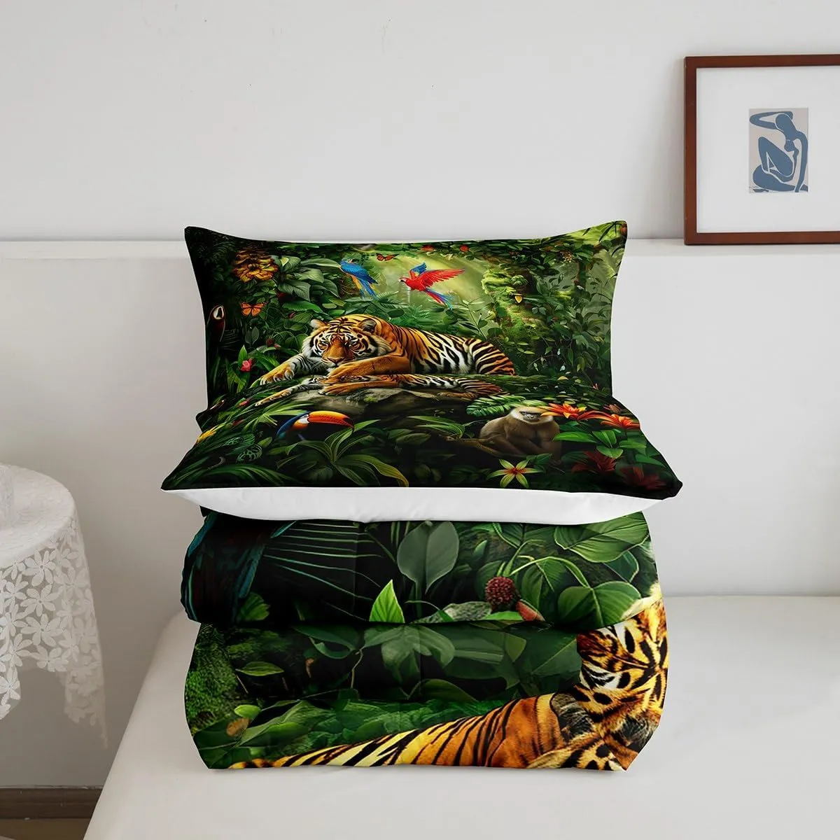 3D Tiger Comforter Set Full Size,Monkey Parrot Wild Animals Bedding Set,Tropical Palm Tree Jungle Quilt Set for Kids Boys Girls Adult Bedroom Decor,Nature Wildlife Theme Duvet Insert,2 Pillowcases