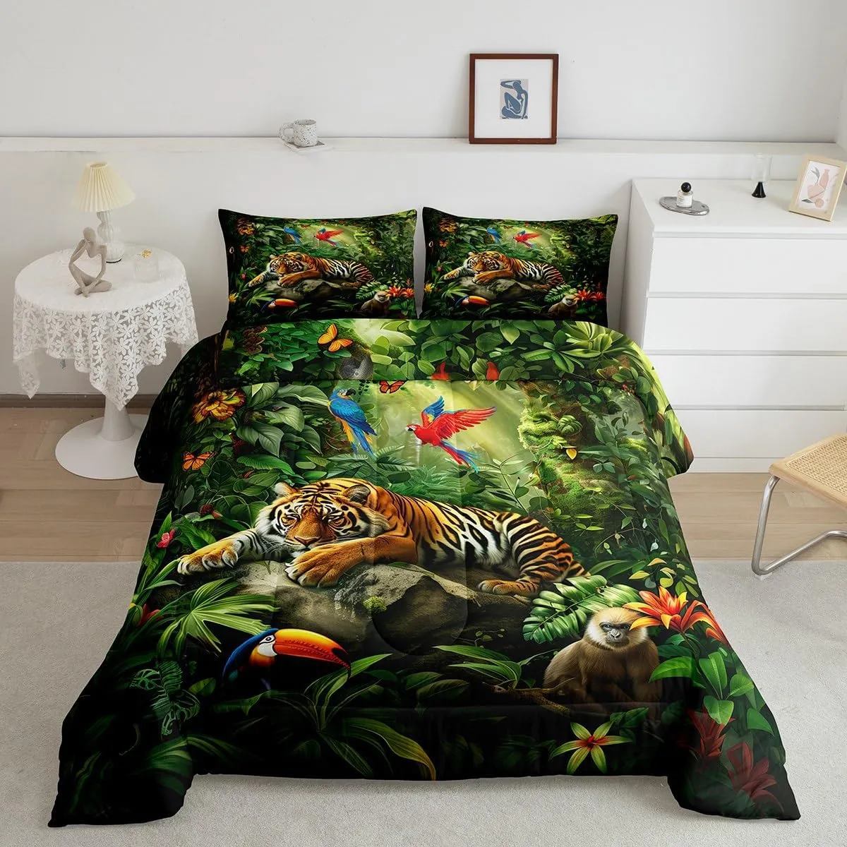 3D Tiger Comforter Set Full Size,Monkey Parrot Wild Animals Bedding Set,Tropical Palm Tree Jungle Quilt Set for Kids Boys Girls Adult Bedroom Decor,Nature Wildlife Theme Duvet Insert,2 Pillowcases