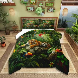 3D Tiger Comforter Set Full Size,Monkey Parrot Wild Animals Bedding Set,Tropical Palm Tree Jungle Quilt Set for Kids Boys Girls Adult Bedroom Decor,Nature Wildlife Theme Duvet Insert,2 Pillowcases