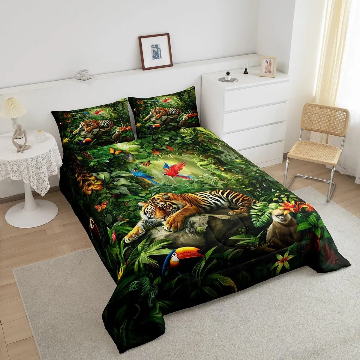 3D Tiger Comforter Set Full Size,Monkey Parrot Wild Animals Bedding Set,Tropical Palm Tree Jungle Quilt Set for Kids Boys Girls Adult Bedroom Decor,Nature Wildlife Theme Duvet Insert,2 Pillowcases