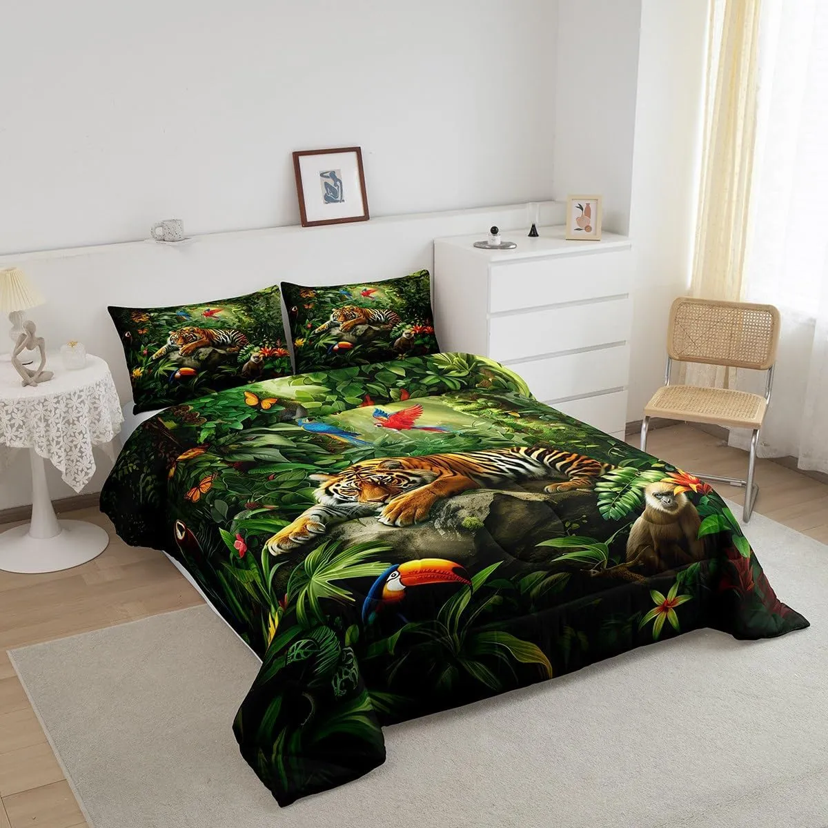 3D Tiger Comforter Set Full Size,Monkey Parrot Wild Animals Bedding Set,Tropical Palm Tree Jungle Quilt Set for Kids Boys Girls Adult Bedroom Decor,Nature Wildlife Theme Duvet Insert,2 Pillowcases