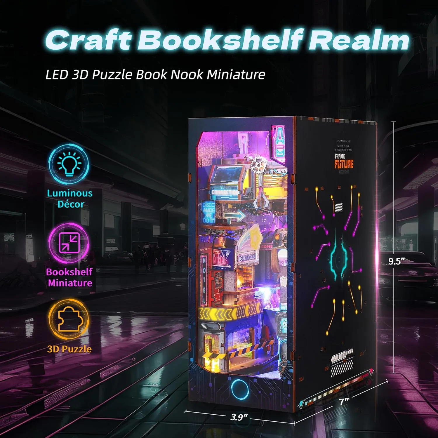 3D Wooden Puzzle Book Nook - DIY Miniature House Kit LED Illuminated Cyberpunk Bookshelf Dollhouse Home Decoration Gift for Adults and Teens (Endless Dimensions)