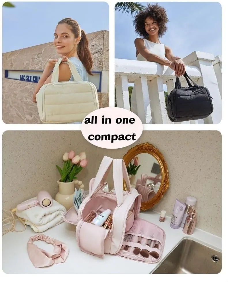 4-In-1 Puffy Multi-Functional Toiletry Bag For Women, Portable Hanging Wide-Open Travel Bag, Large Capacity Toiletry Organizer, Ladies Overnight Travel Bag With Handle (goose white)