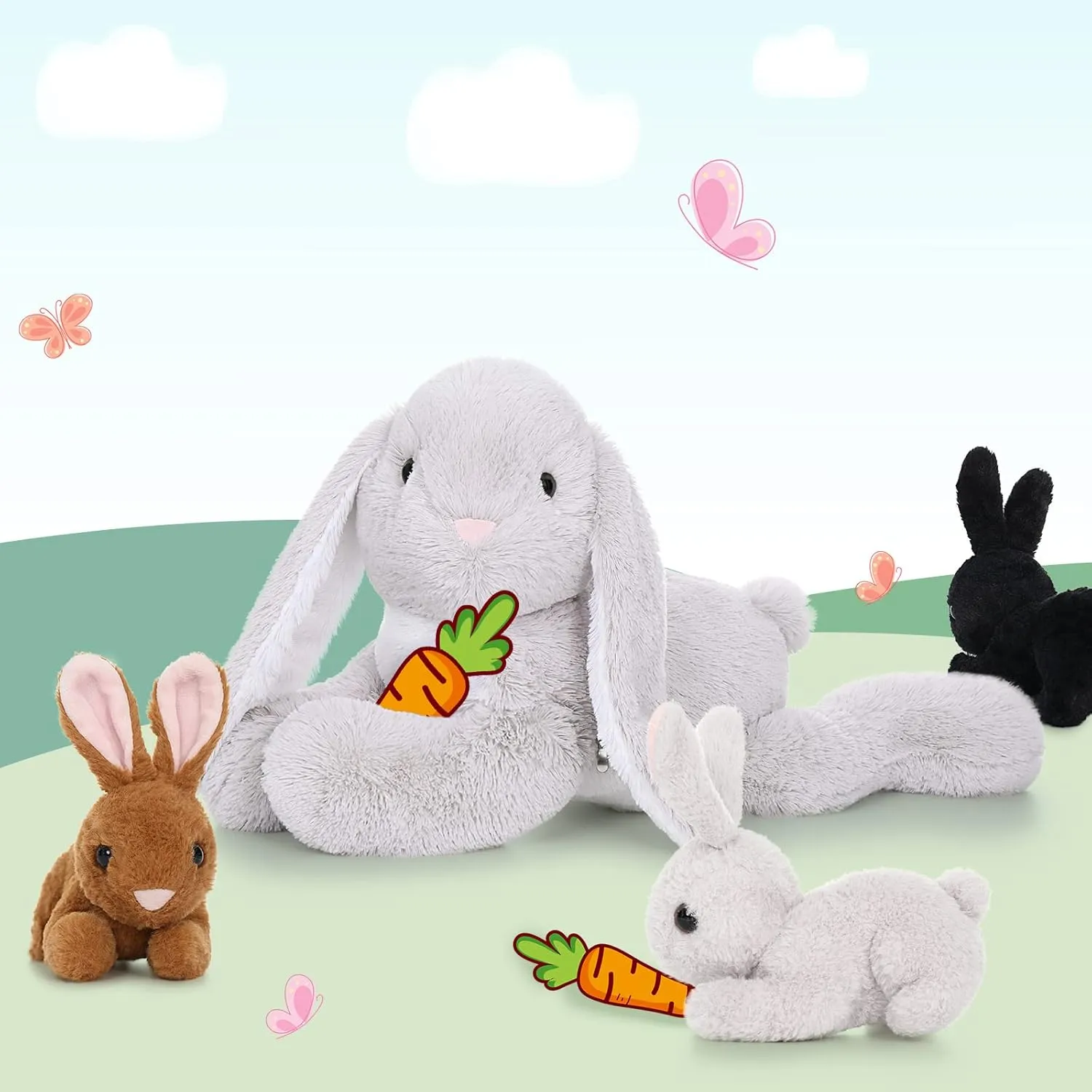 4 Pcs Bunny Stuffed Animal - Large Stuffed Rabbit Plush Toys for Kids - Cuddly Mommy Bunny Surprise with 3 Small Bunnies