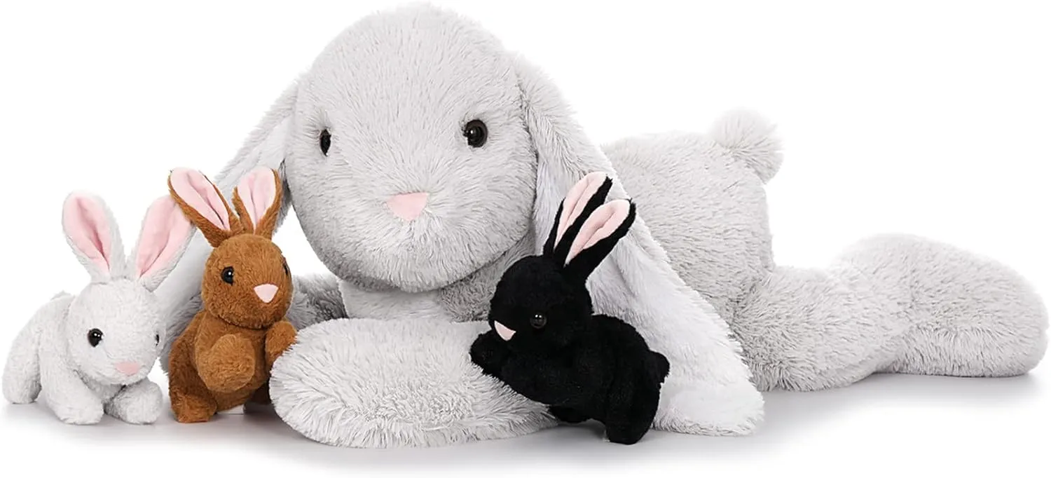 4 Pcs Bunny Stuffed Animal - Large Stuffed Rabbit Plush Toys for Kids - Cuddly Mommy Bunny Surprise with 3 Small Bunnies
