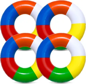 4 Pcs Inflatable Swimming Float Toys 35Inch Rainbow Striped Swim Rings Beach Pool Floats Pool Tube Rings Loungers Tube for Adults Lake River Ocean Summer Beach Party Favors Gifts