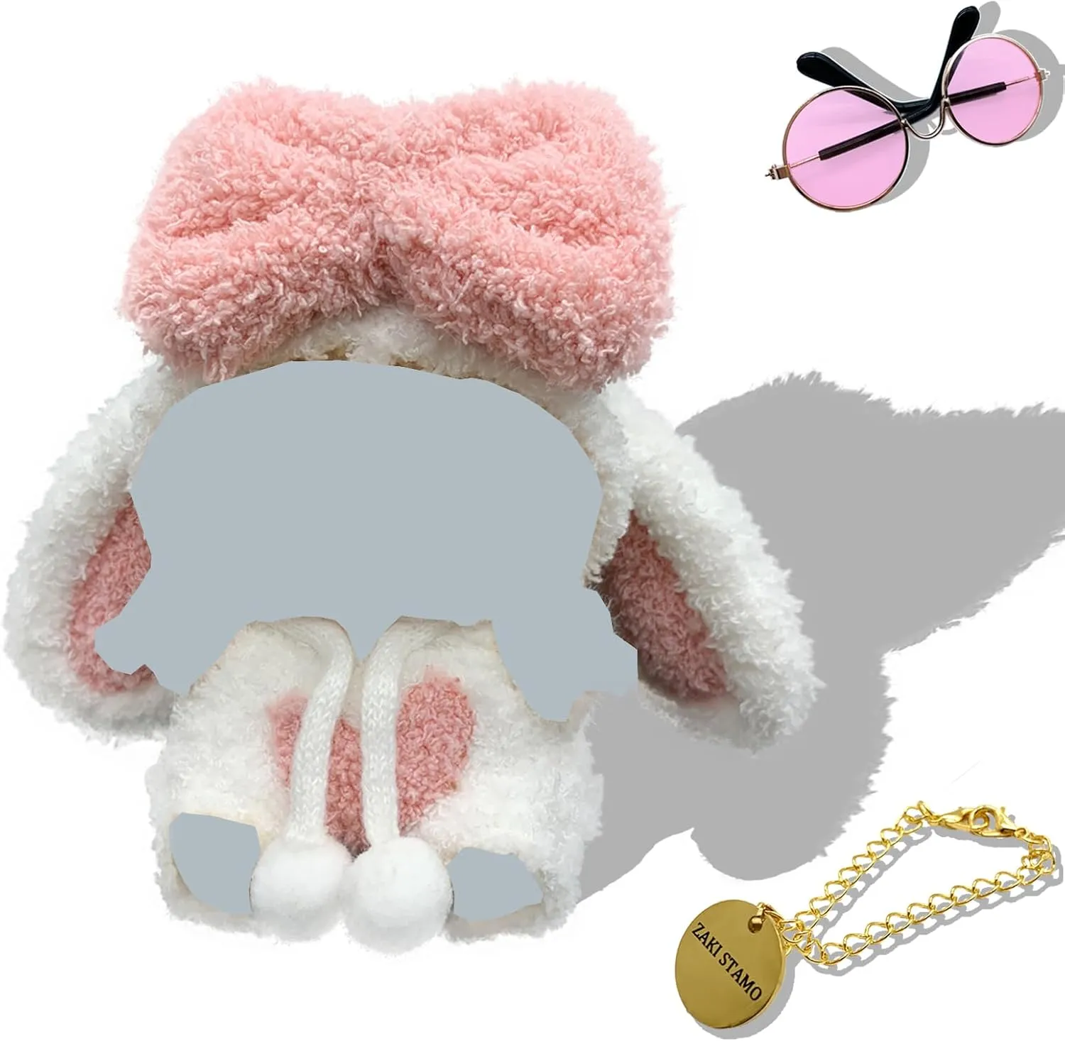 4 Sets of Clothes for Labubu,Labubu Clothes Compatible with Labubu,Pink Bunny Plush Outfit   Sunglasses   Chain,Suitable for 17cm 14cm / 6.7in 5.5in Dolls Labubu Accessories,Not Doll