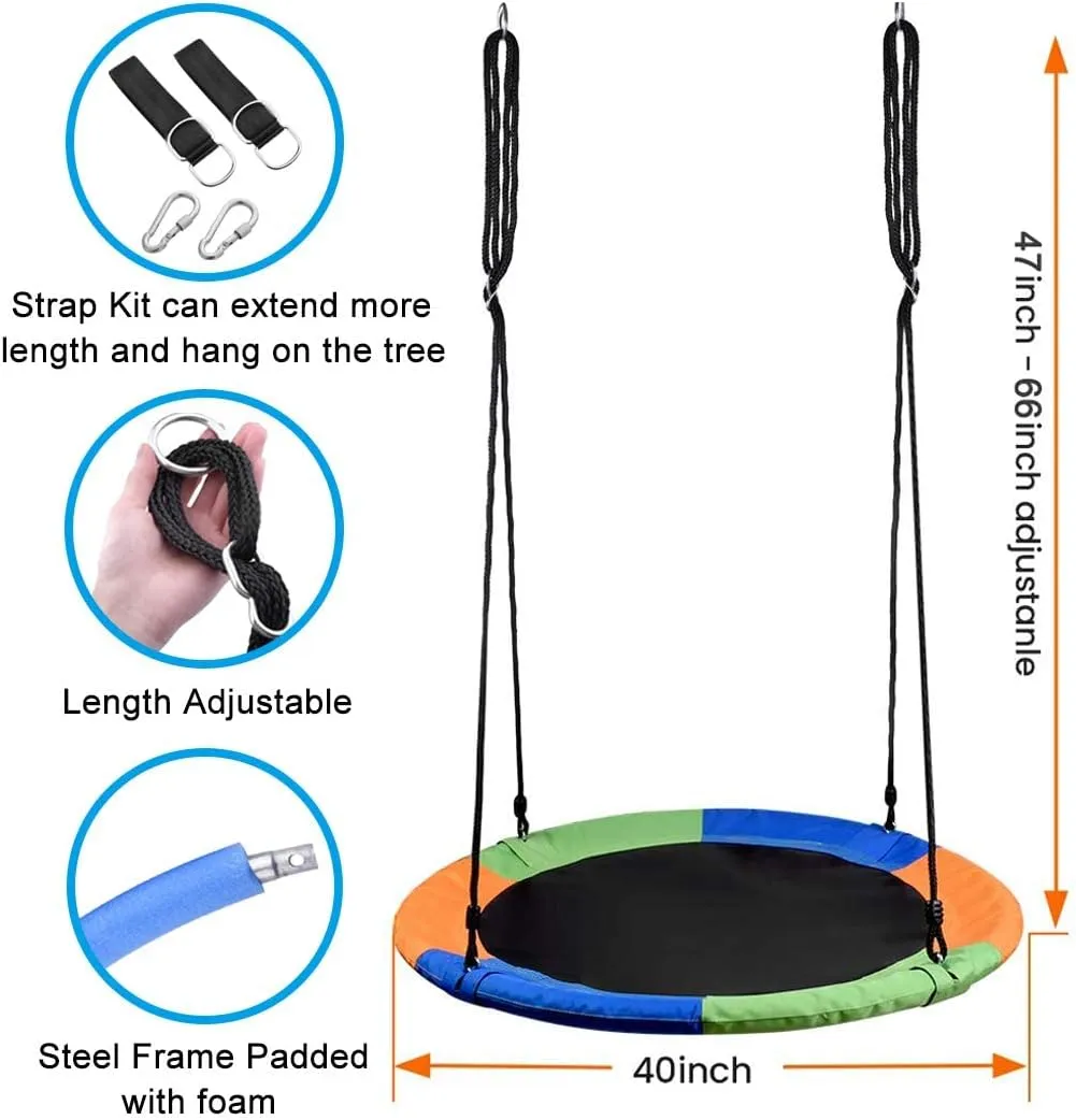 40 Inch Saucer Tree Swing for Kids, Outdoor Round Swing with Hanging Straps & Adjustable Ropes, Easy Assembly