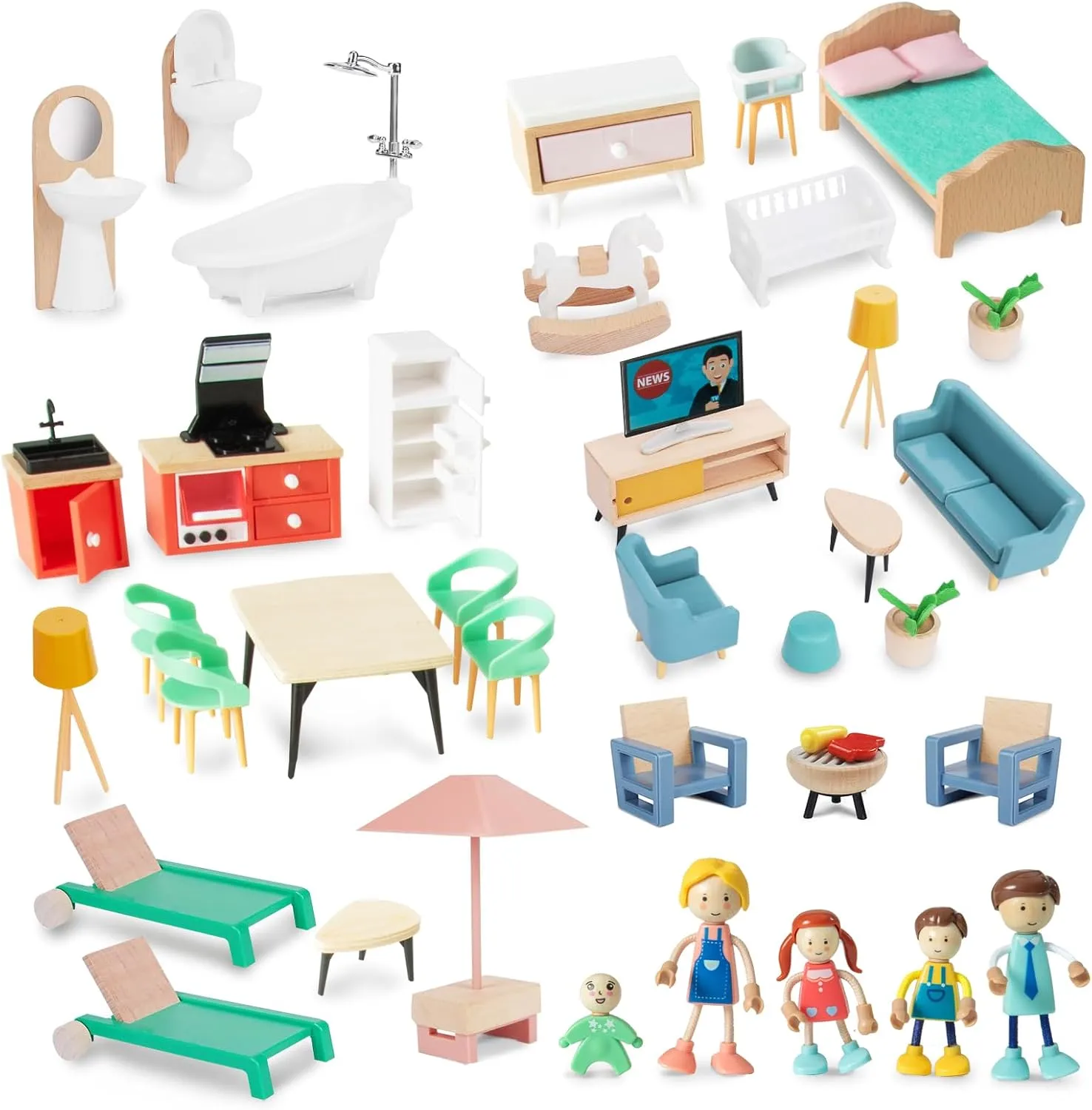 43PCS Wooden Dollhouse Furniture Set for Kids Toddlers 3Y ,Wood and Plastic Blue Dollhouse Accessories, Pretend Play Furniture Toys Christmas Birthday Gift for Boys Girls
