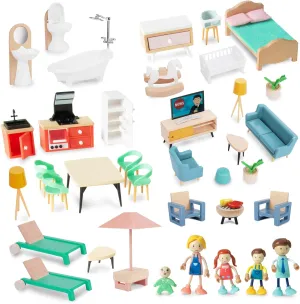 43PCS Wooden Dollhouse Furniture Set for Kids Toddlers 3Y ,Wood and Plastic Blue Dollhouse Accessories, Pretend Play Furniture Toys Christmas Birthday Gift for Boys Girls