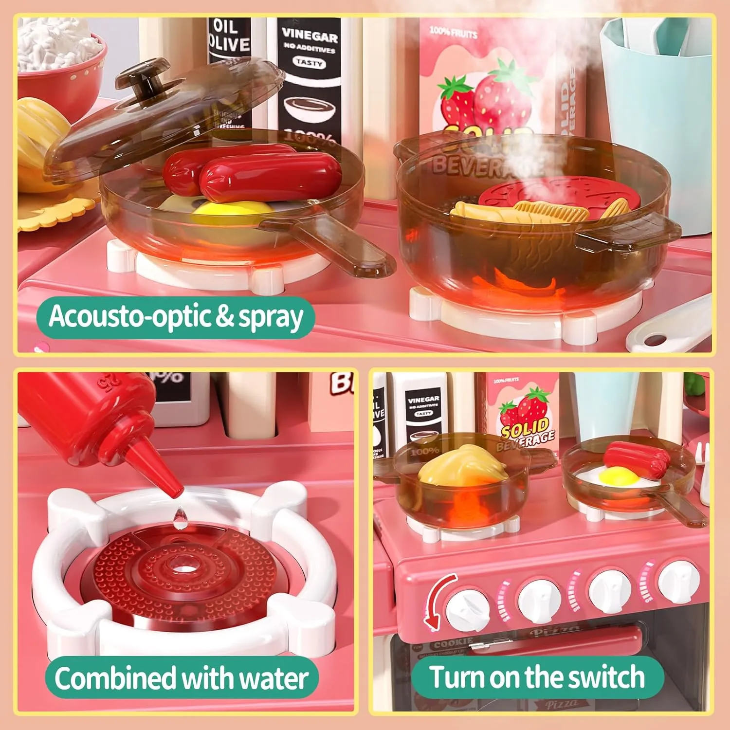 47PCS Kids Kitchen Playset with Sound & Light, Cooking Stove with Steam, Play Sink and Toy Kitchen Accessories - Pretend Kitchen Play Food Toys for Boys and Girls, Toddler Kitchen Set (Red)