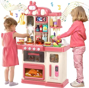 47PCS Kids Kitchen Playset with Sound & Light, Cooking Stove with Steam, Play Sink and Toy Kitchen Accessories - Pretend Kitchen Play Food Toys for Boys and Girls, Toddler Kitchen Set (Red)