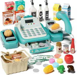49PCS Pretend Play Cash Register Toy Set for Kids with Real Calculator,Scanner,Microphone,Conveyor Belt,Weighing Tool,Cashier Playset Realistic Gift for Toddler Kid Ages 3 4 5 6 7 8 (Green)