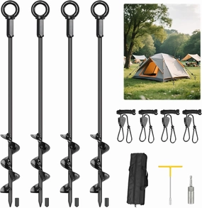 4 Pack 16" Ground Anchors Screw in, Tent Stakes Anchors with T-Handle Hex Wrench & Toolkit & Drill, Heavy Duty Earth Anchors for Tent, Canopy, Trampoline