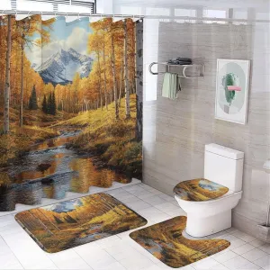 4Pcs Nature Jungle Stream Shower Curtain Set with Rugs, Bath Mat, Toilet Lid Cover, Autumn Colorful Tree National Park Shower Curtains Bathroom Curtains Decor, 72 x 72 Inch