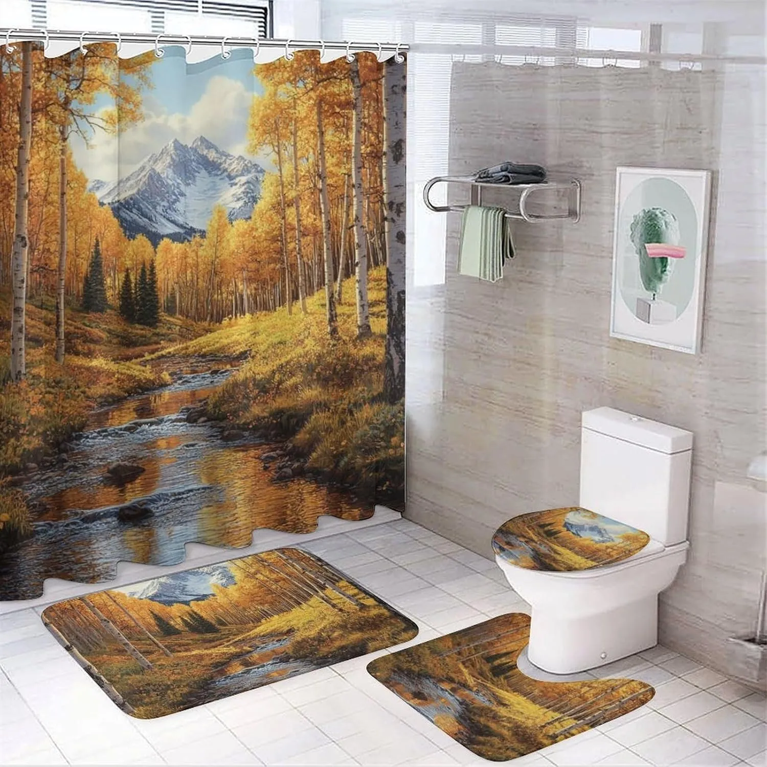 4Pcs Nature Jungle Stream Shower Curtain Set with Rugs, Bath Mat, Toilet Lid Cover, Autumn Colorful Tree National Park Shower Curtains Bathroom Curtains Decor, 72 x 72 Inch