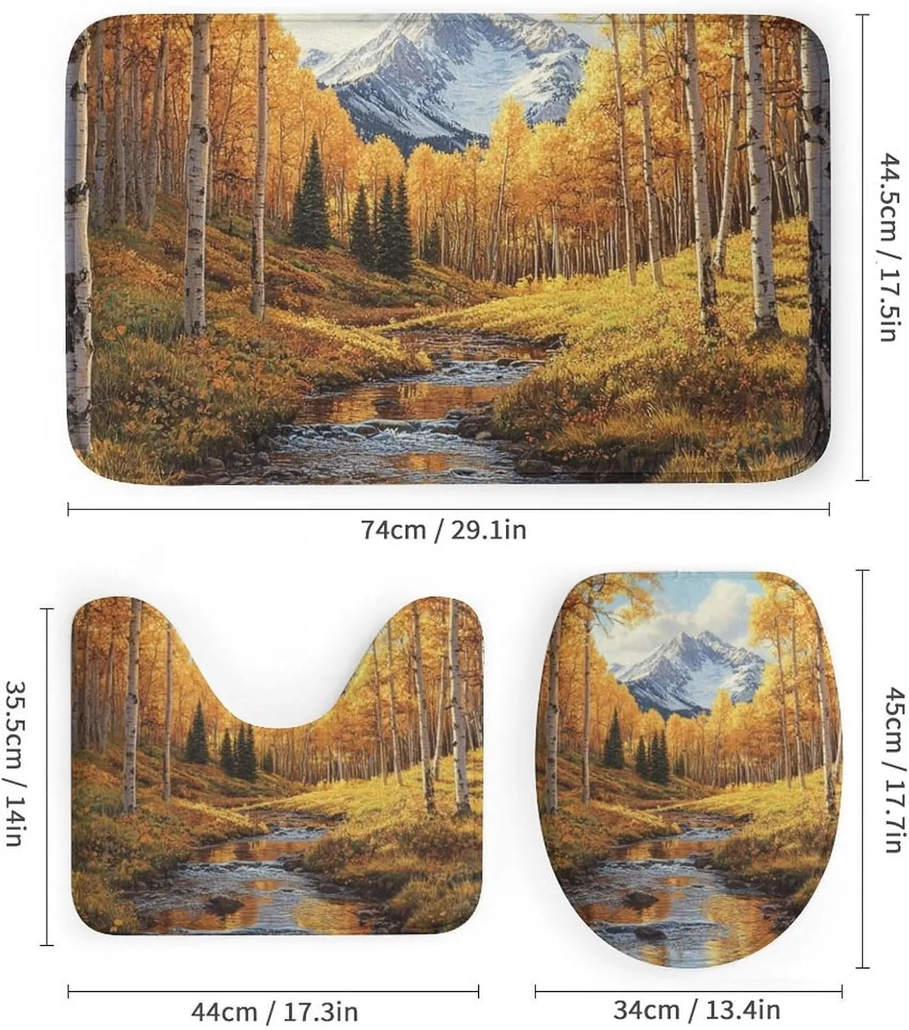 4Pcs Nature Jungle Stream Shower Curtain Set with Rugs, Bath Mat, Toilet Lid Cover, Autumn Colorful Tree National Park Shower Curtains Bathroom Curtains Decor, 72 x 72 Inch