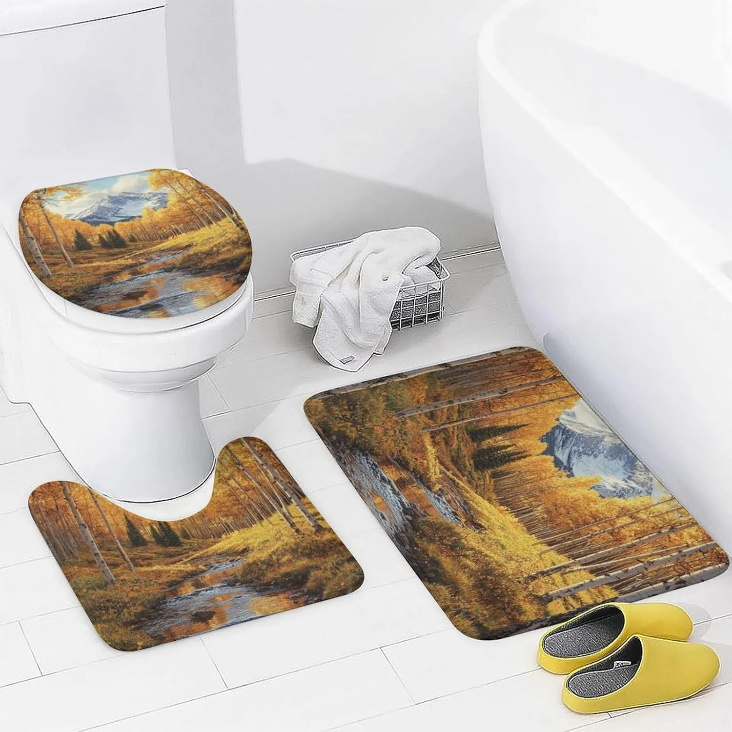 4Pcs Nature Jungle Stream Shower Curtain Set with Rugs, Bath Mat, Toilet Lid Cover, Autumn Colorful Tree National Park Shower Curtains Bathroom Curtains Decor, 72 x 72 Inch
