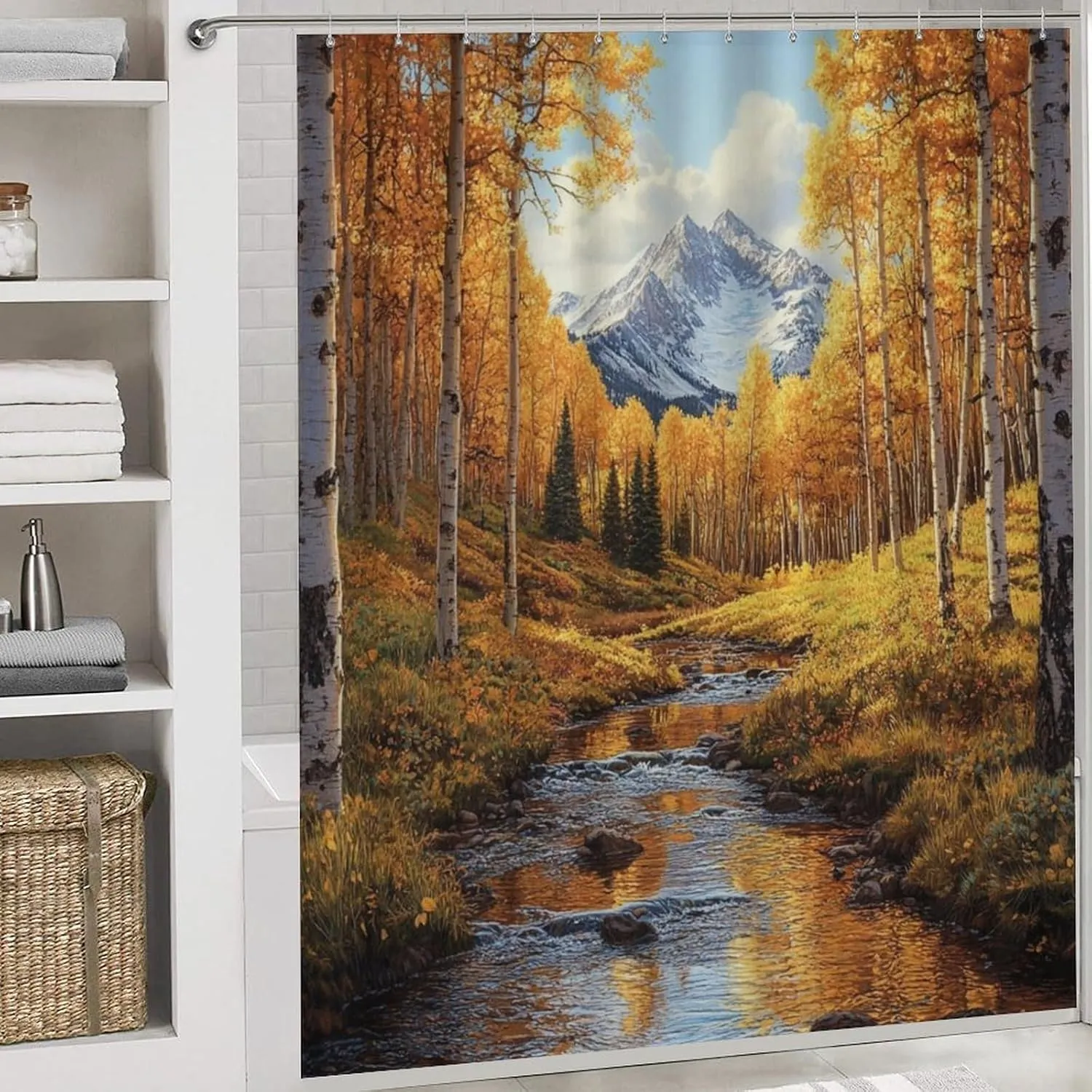 4Pcs Nature Jungle Stream Shower Curtain Set with Rugs, Bath Mat, Toilet Lid Cover, Autumn Colorful Tree National Park Shower Curtains Bathroom Curtains Decor, 72 x 72 Inch