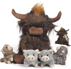 5 in 1 Highland Cow Stuffed Animal Toy, 14" Scottish Highland Cow Plush Toy Fluffy Realistic Highland Cattle with 4 Little Cattle Babies, Mommy and Baby Stuffies for Kids Easter Birthday