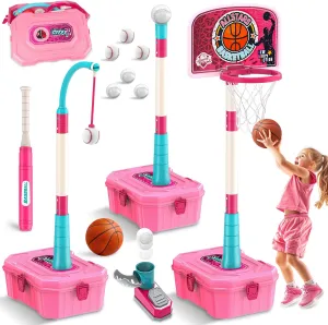 5 in 1 Toddler Basketball Hoop and T Ball Set, Height Adjustable Indoor Outdoor Portable Mini Hoop, Birthday & Christmas Sport Toys Gift for Boys & Girls, Pink